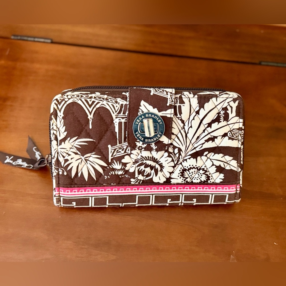 Vera Bradley Brown and Cream Floral Quilted Zip Wallet with Pink Trim